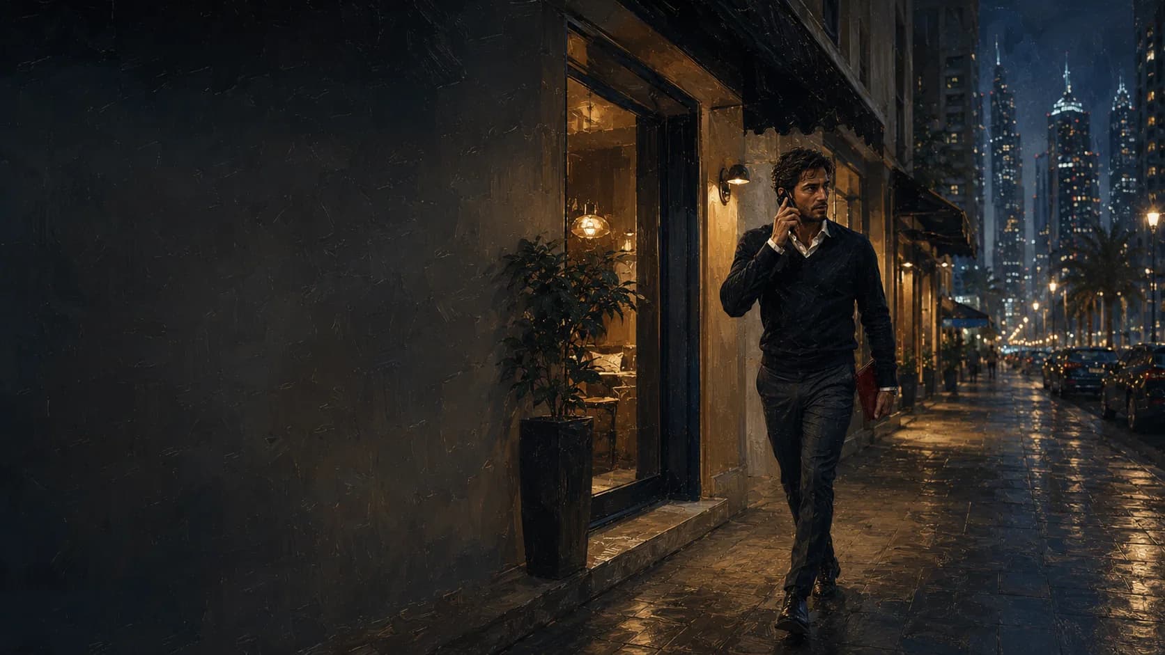 An agent on a call, walking a Dubai street at night