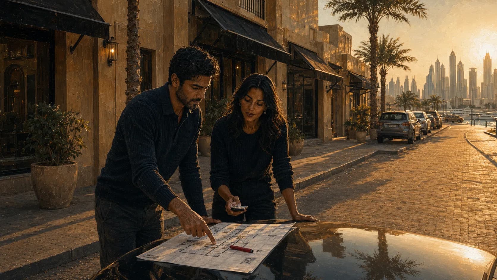 Two agents marking up a plan on a car bonnet at golden hour