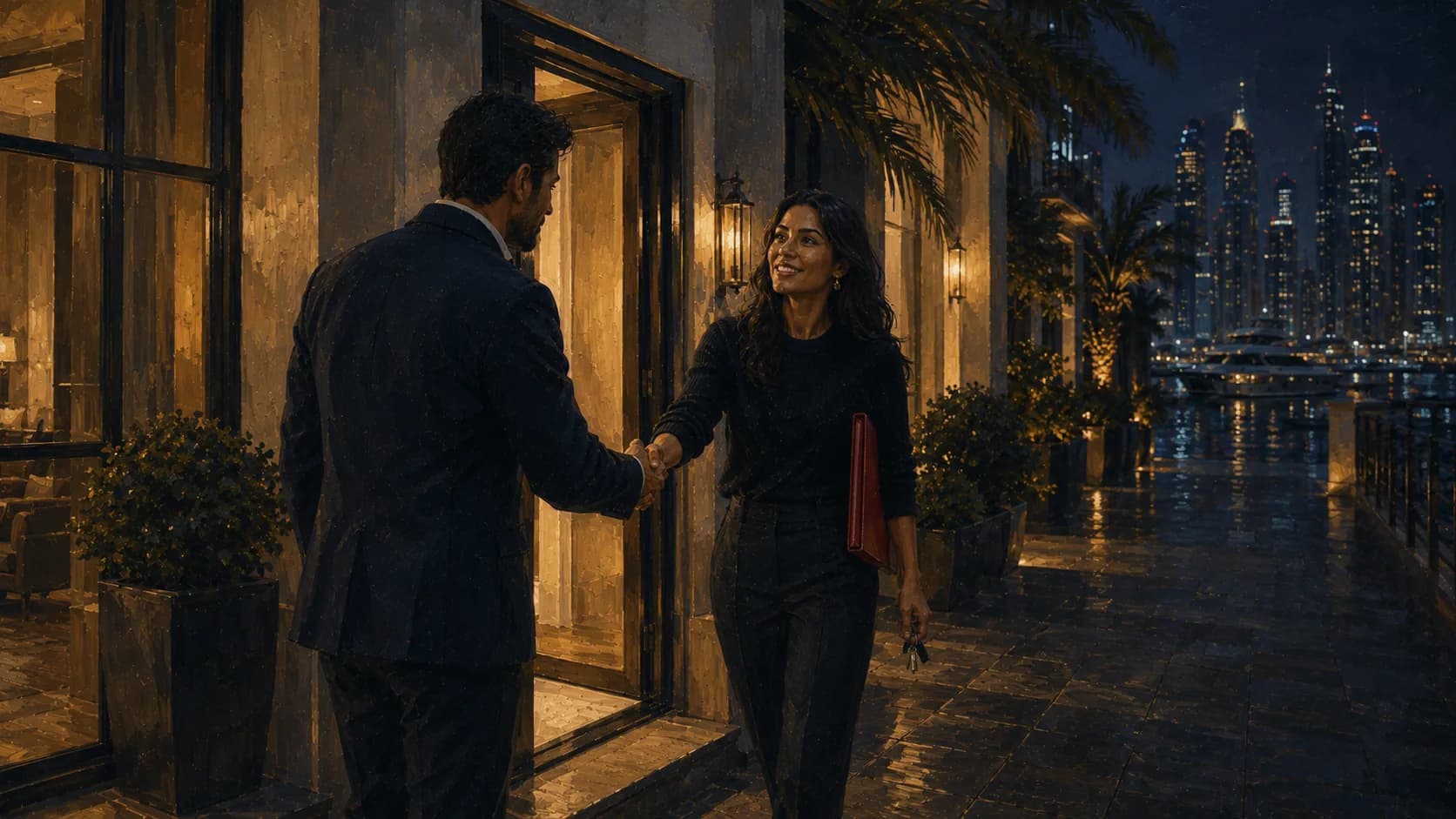 An agent greeting a client at a doorway in Dubai Marina at night