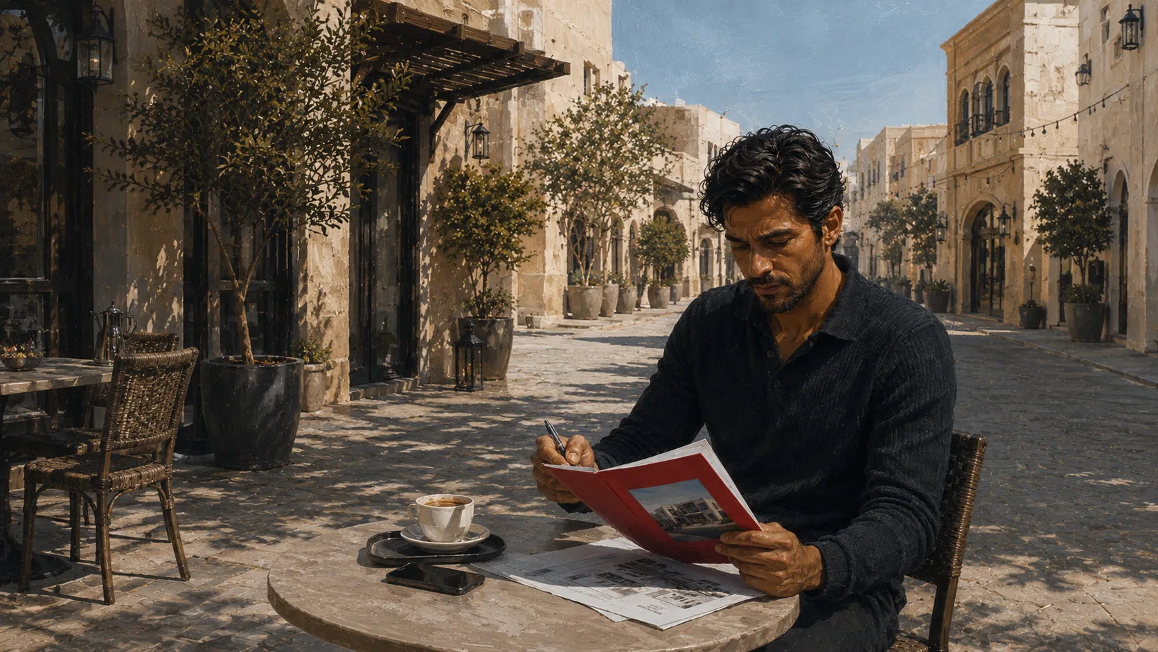 An agent and an adviser going through a report together over coffee in the morning