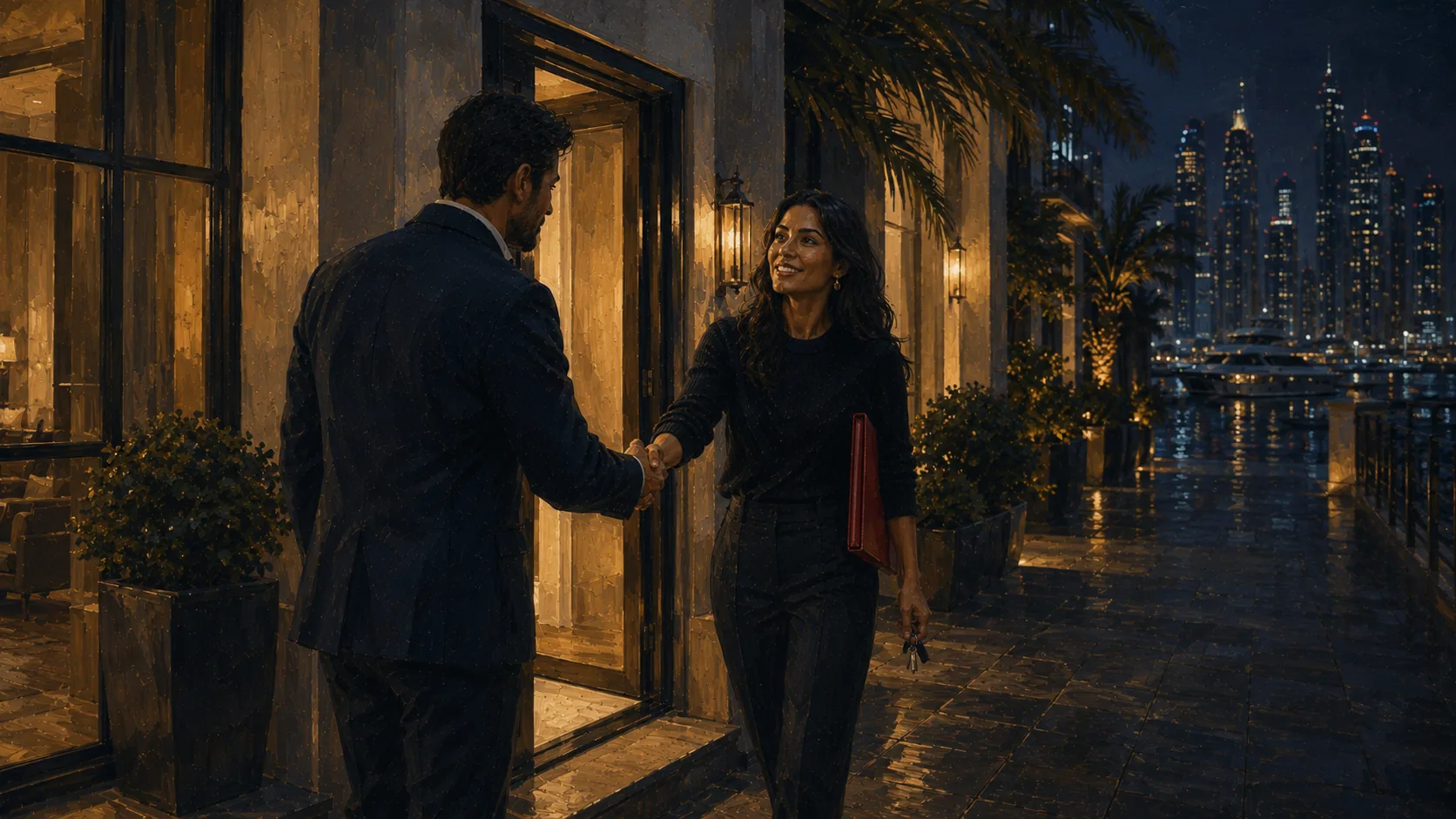 An agent and a client agreeing terms in a doorway at golden hour