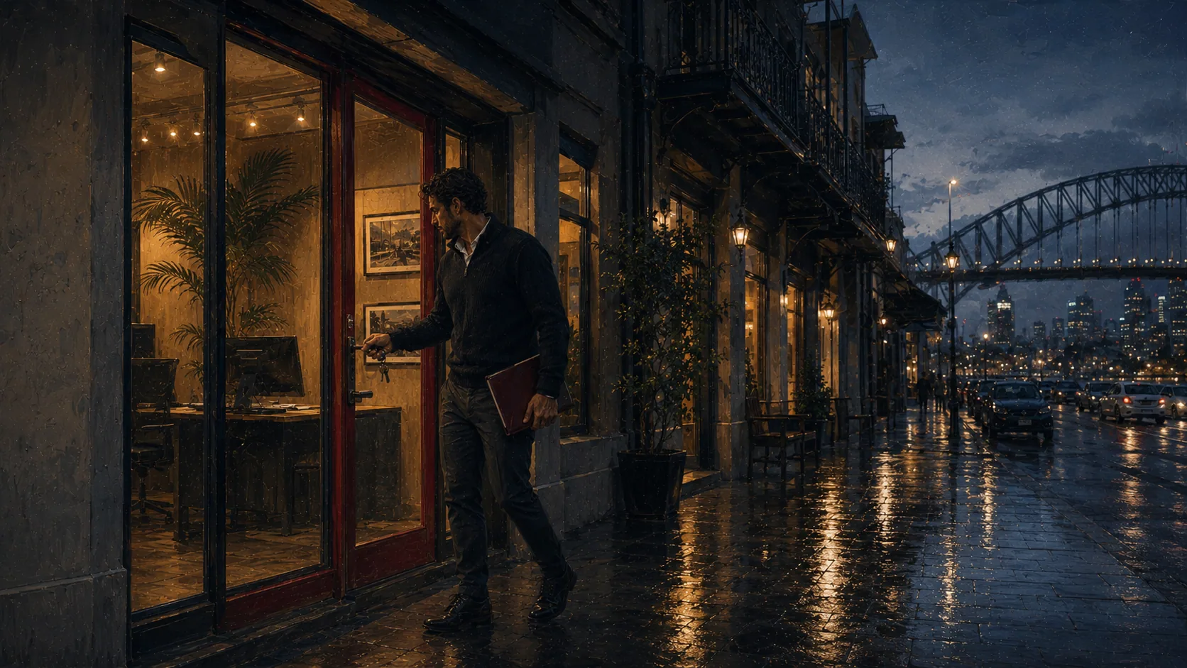 An agent outside a lit shopfront in Sydney at dusk